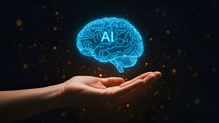 Hand Holding a Glowing Human Brain with a Digital AI Symbol, Representing Artificial Intelligence and Human-Machine Collaboration