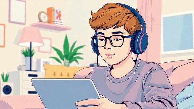 Teen boy with headphones using tablet at home, cartoon vector style, online education and video games concept