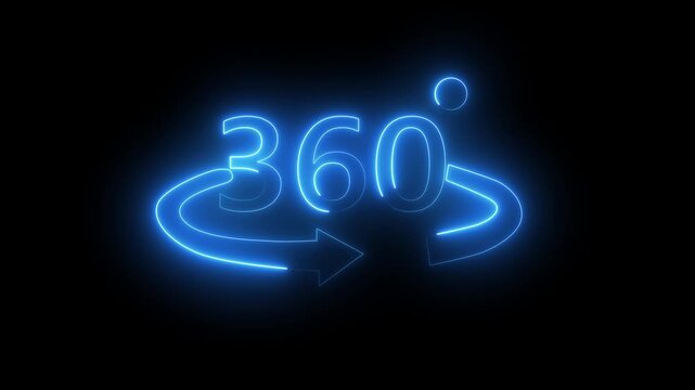 Glowing blue Neon 360 degree sign animation icon sign symbol on background rotation icon with arrow and angle indicator