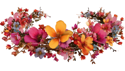 A vibrant floral wreath design featuring a multitude of blossoms in a range of warm and cool tones