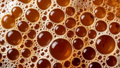 Obraz premium Close-up of a carbonated brown beverage with foam and bubbles.