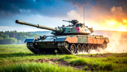 Fototapeta premium Military tank on a grassy field under a dramatic sky.