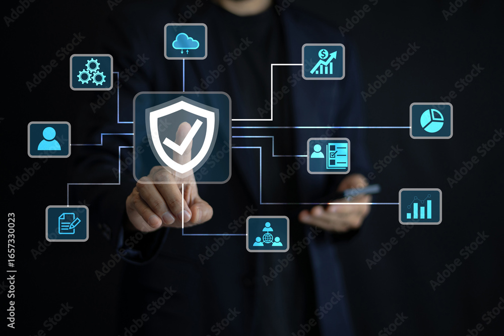 Aufkleber an it specialist using a smartphone configures cloud-based security solutions for compliance with gl