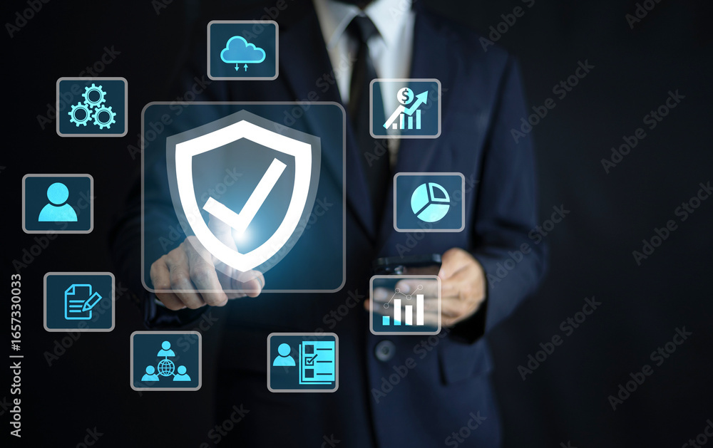 Aufkleber an it specialist using a smartphone configures cloud-based security solutions for compliance with gl