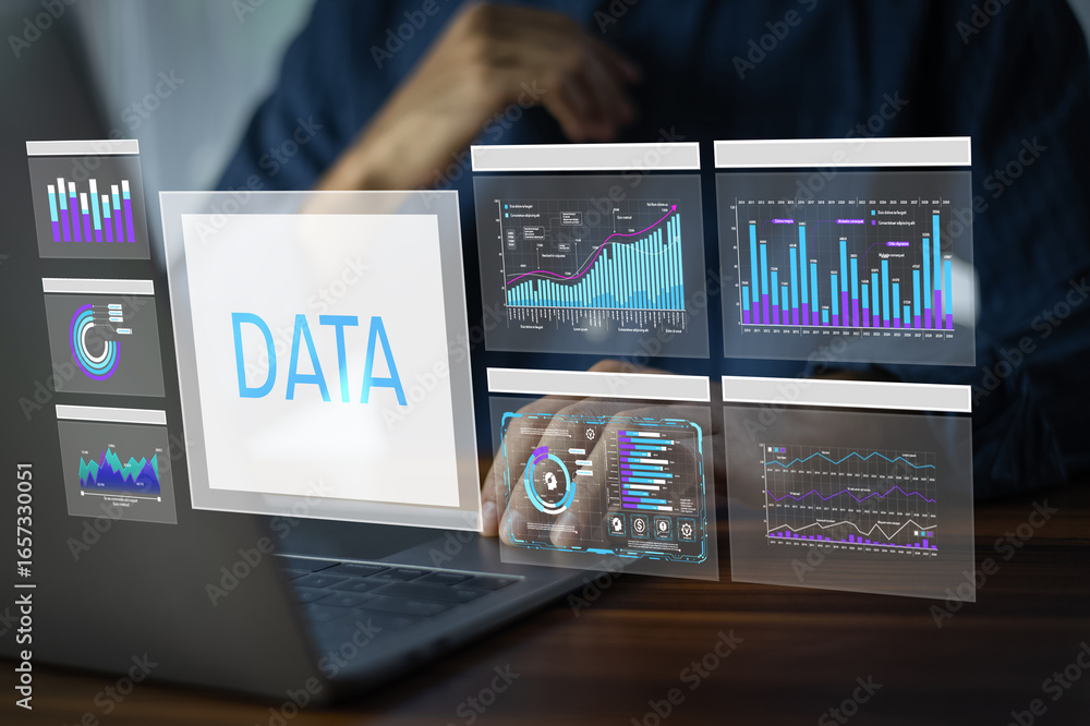 Poster businessman using ai artificial intelligence for data analytics. he inputs financial and customer da