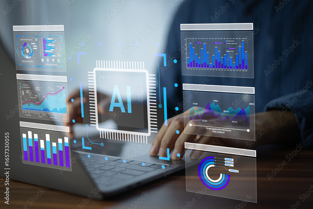 Poster ai artificial intelligence for data analytics. a data scientist uses a laptop to analyze customer be