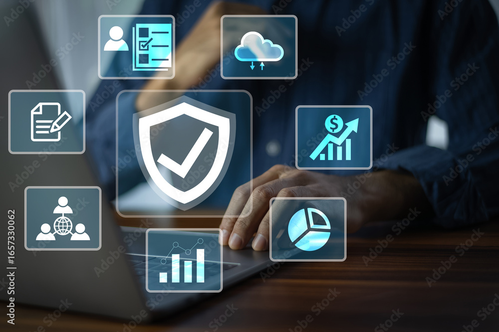 Aufkleber a professional sitting at a computer manages secure data protection and network security systems to 