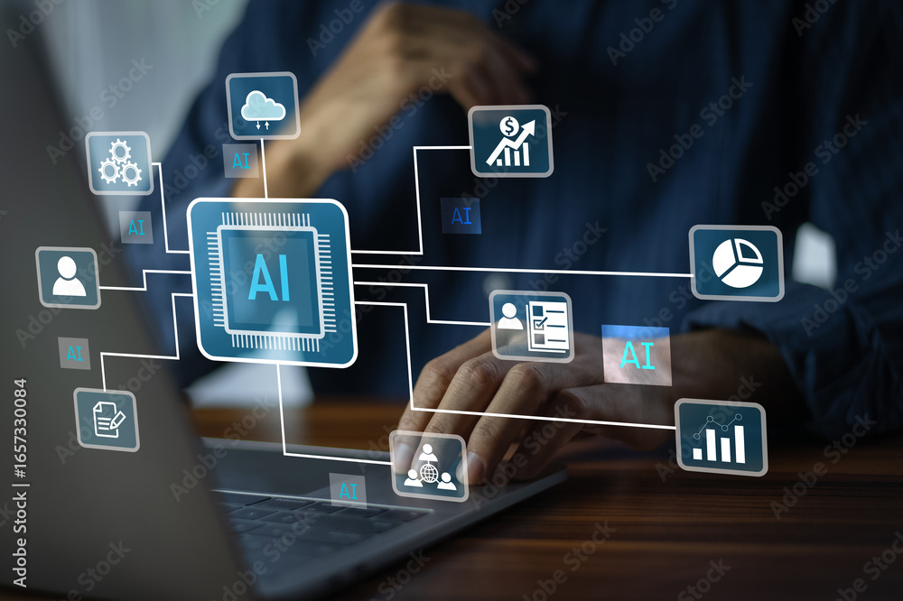 Poster businessman using ai artificial intelligence for data security analyzes customer behavior patterns o
