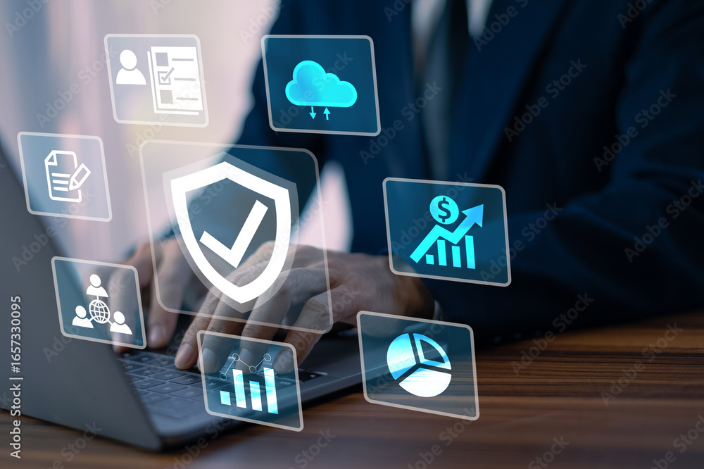 Aufkleber an employee at a workstation uses advanced encryption software to ensure confidentiality in secure d