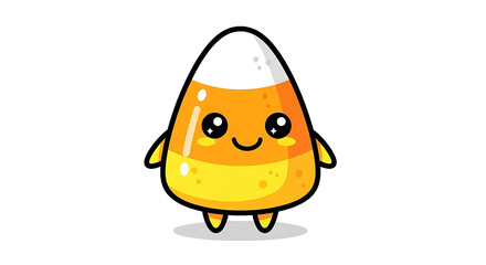 A cartoon candy corn character with a smiling face and big eyes on a white background illustration