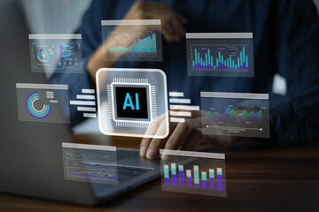 Obraz na płótnie Canvas AI Artificial intelligence for data analytics. Artificial intelligence processes customer behavior patterns to predict marketing trends and optimize business decisions.