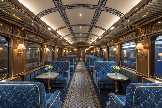 Luxurious vintage train carriage interior with plush blue velvet seats and ornate detailing