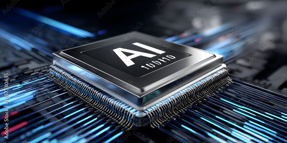 Poster advanced ai chip with illuminated circuitry
