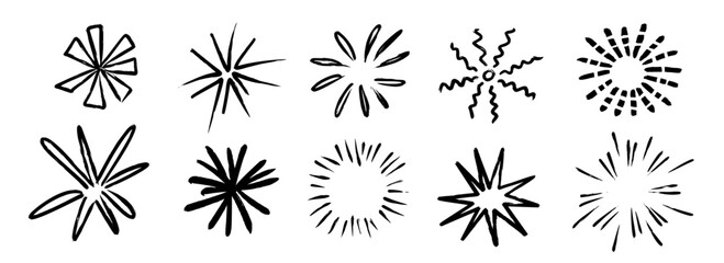 Hand drawn explosion set. Crayon doodled firework element collection. Black pastel sketches of firecracker, sunburst, spark burst, star lights, sparkles. Vector charcoal drawn rays and beams shapes