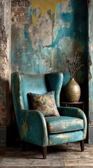 Teal wingback chair in a rustic interior
