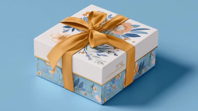 Square gift box with a gold ribbon and floral design on a light-blue background