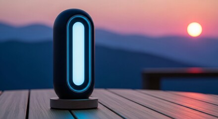 Modern glowing lamp on table at sunset with mountain backdrop