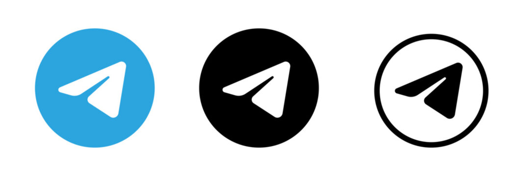 Set of three Telegram logo icons in blue, black, and outline style. Ideal for editorial design, messaging platform branding, and digital use in 2025.