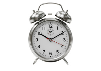 Vintage Twin Bell Alarm Clock: Silver Metal Desk Clock Isolated on Transparent Background
