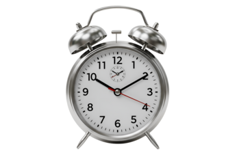 Vintage Twin Bell Alarm Clock: Silver Metal Desk Clock Isolated on Transparent Background