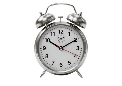 Vintage Twin Bell Alarm Clock: Silver Metal Desk Clock Isolated on Transparent Background - Powered by Adobe