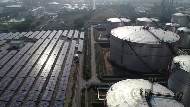 High-angle view of a sprawling industrial plant featuring large white-topped storage silos and an extensive network of parallel pipelines and infrastructure.