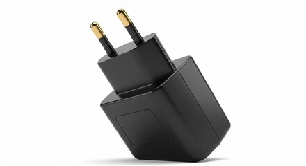Sleek black power adapter with gold pins on white background