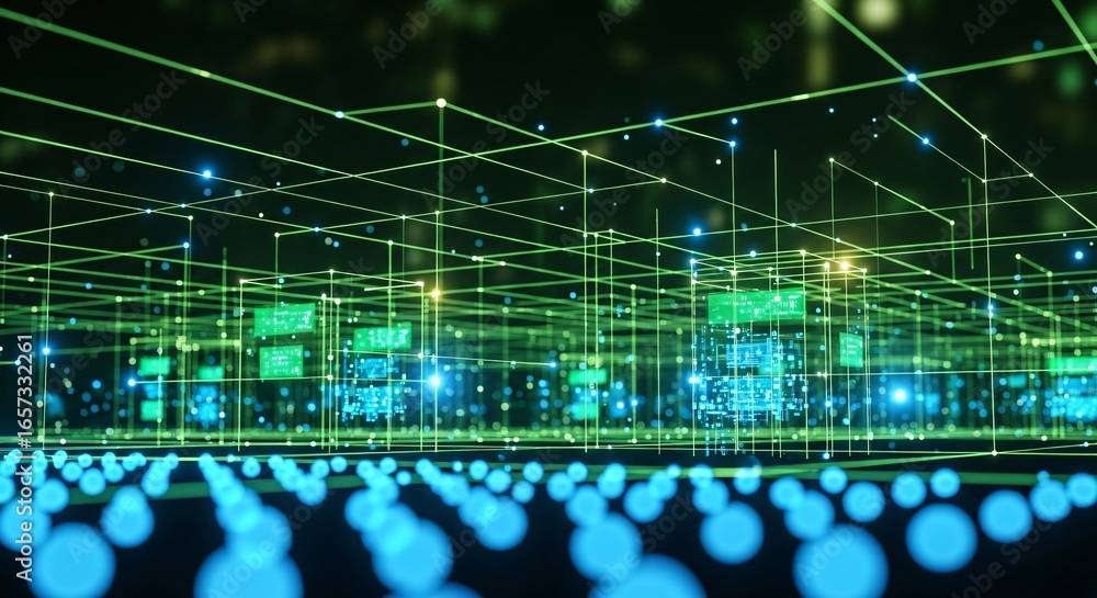 Poster dynamic digital network grid with glowing data nodes and connections