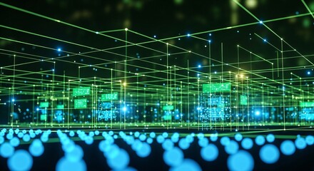 Dynamic digital network grid with glowing data nodes and connections