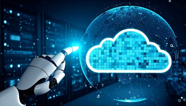 A robotic hand interacts with a digital cloud symbol against a backdrop of server racks, highlighting the concept of cloud computing.