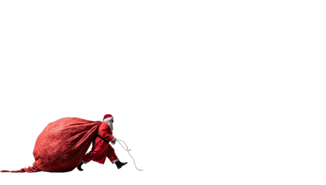 Santa Claus, burdened with a large, red sack, dashes across a dark background