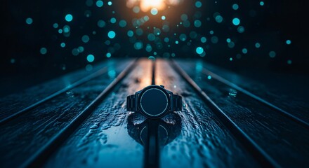 Modern smartwatch on wet wooden surface with bokeh lights