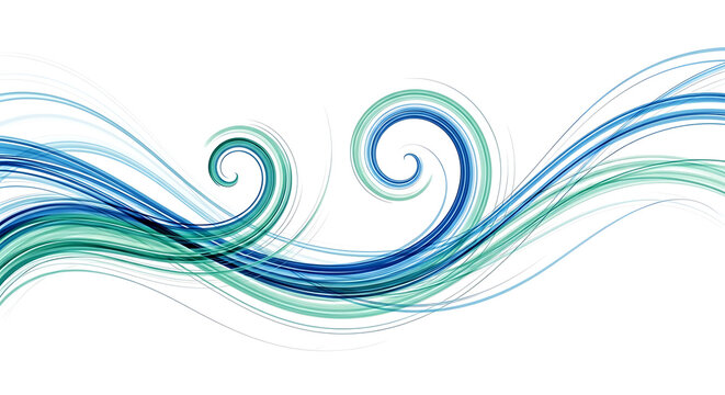 Abstract swirls of blue and green lines on a white background creating a flowing wave pattern design