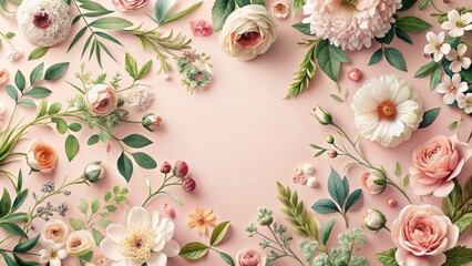 Delicate floral pattern with various blooms on a soft pink background in top view