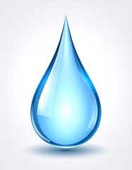 A single, teardrop-shaped water droplet, translucent light blue, with a soft shadow
