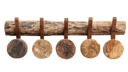 Wooden wall hook rack, rustic style.  Six circular wooden discs hung from a large, weathered log.  Brown tones