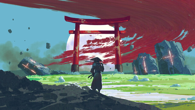 Fototapeta A lone samurai walks toward a massive floating torii gate under a swirling red sky and glowing full moon, digital art style, illustration painting