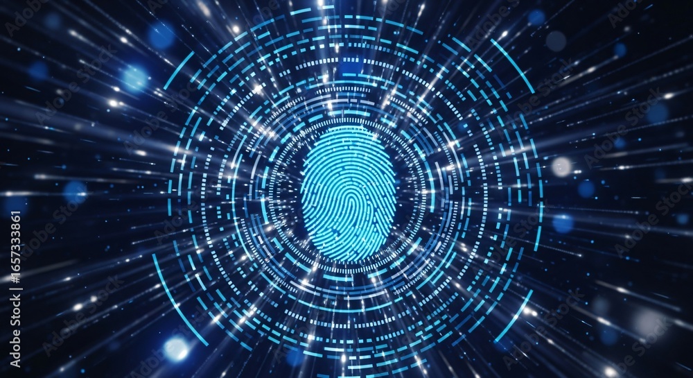 Poster digital fingerprint security concept with blue glowing data streams