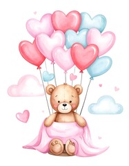 A cute teddy bear floats on pastel heart-shaped balloons amidst fluffy clouds