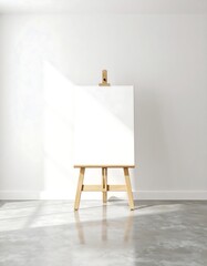 A blank canvas on a wooden easel stands in a minimalist room, sunlight illuminating the scene