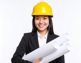 Confident Asian female architect in a yellow hard hat holding blueprints, representing successful career and leadership in the construction industry.