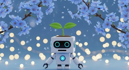 Cute robot sprouts new life under blooming cherry blossoms