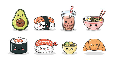 Kawaii food illustration featuring avocado sushi bubble tea ramen and croissant with cute smiling faces