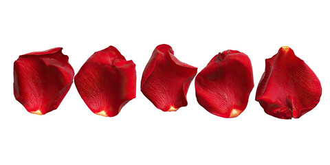 Close-up of five vibrant red rose petals against a black background.  Each petal shows delicate texture and a slightly irregular shape
