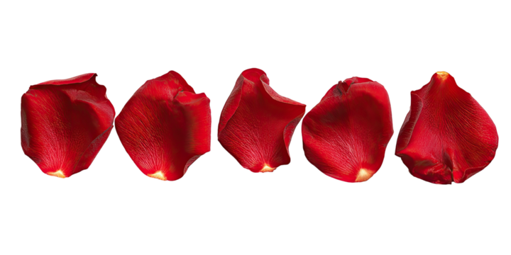 Close-up of five vibrant red rose petals against a black background.  Each petal shows delicate texture and a slightly irregular shape