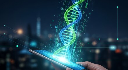 Hand holding smartphone with a DNA helix and digital data overlay on a blurred city backdrop. Concept for genetic research, biotechnology innovation and medical technology