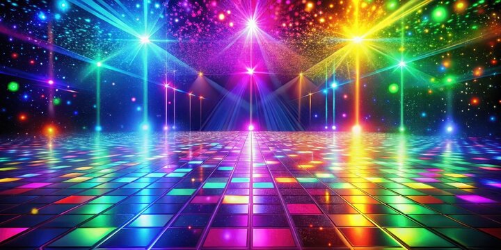 Vibrant disco dancefloor with colorful moving splash effects and flashing neon lights