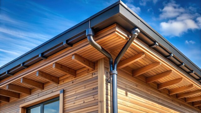 Wooden house with aluminum gutters and soffit on a sloping roof