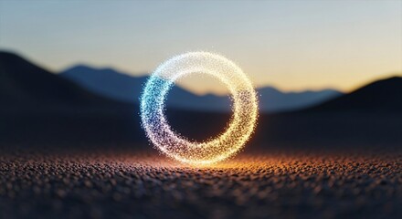 Sparkling energy circle glows against serene mountain landscape at dusk