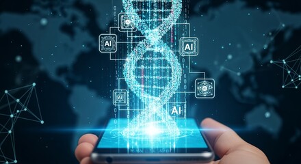 Human hand holding smartphone displays digital DNA strand and AI interfaces in blue tones, concept for genetic research, personalized medicine and smart technology advancements
